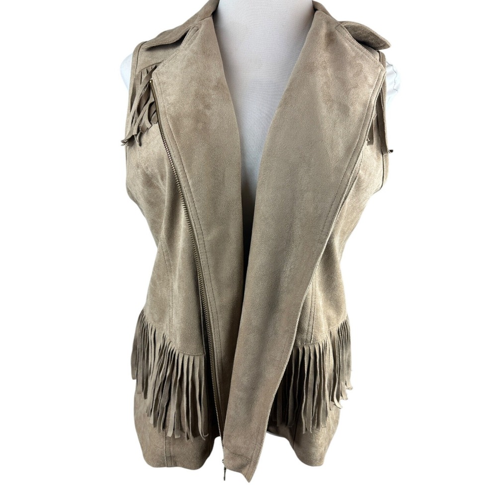 Chico's Faux Suede Fringe Vest Moto Zip Tan Size 2 Large 12 Fall Western Country - Picture 2 of 14